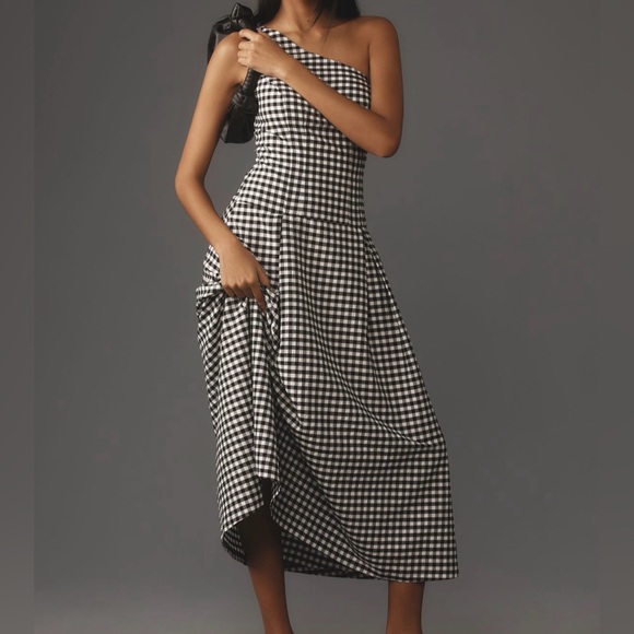 Anthropologie Dresses & Skirts - Anthropologie One-Shoulder Black Gingham Midi Dress Size Small